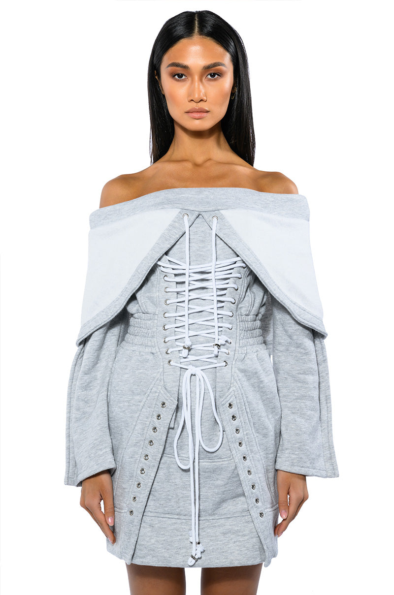 TIED UP IN LOVE CORSET LONG SLEEVE SWEATSHIRT DRESS