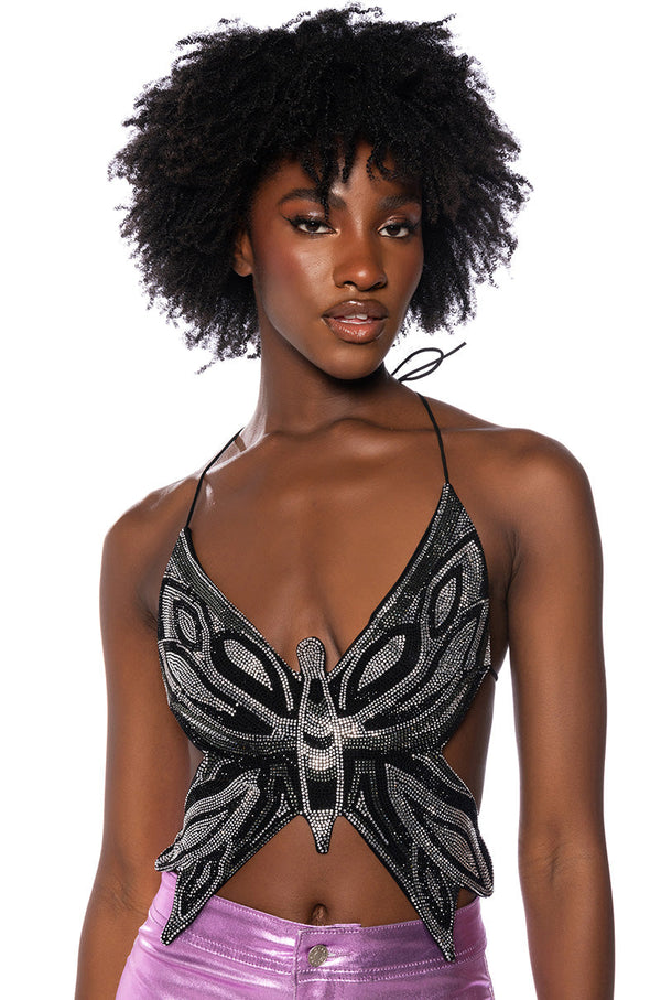 TIME TO FLY SEQUIN BUTTERFLY TOP IN BLACK