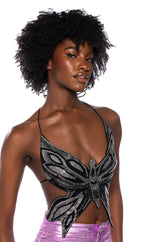 TIME TO FLY SEQUIN BUTTERFLY TOP IN BLACK