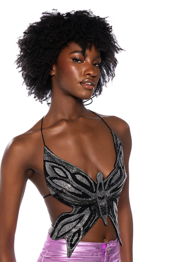 TIME TO FLY SEQUIN BUTTERFLY TOP IN BLACK