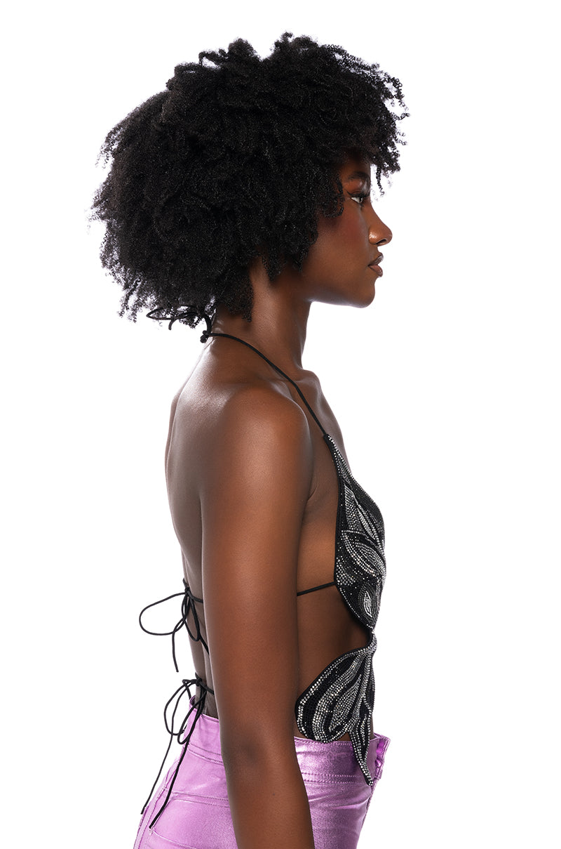 TIME TO FLY SEQUIN BUTTERFLY TOP IN BLACK