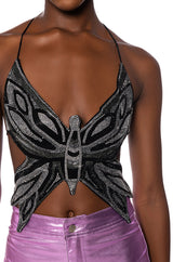 TIME TO FLY SEQUIN BUTTERFLY TOP IN BLACK