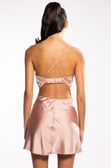 TINY DANCER SLEEVELESS SATIN COWL NECK MINI DRESS