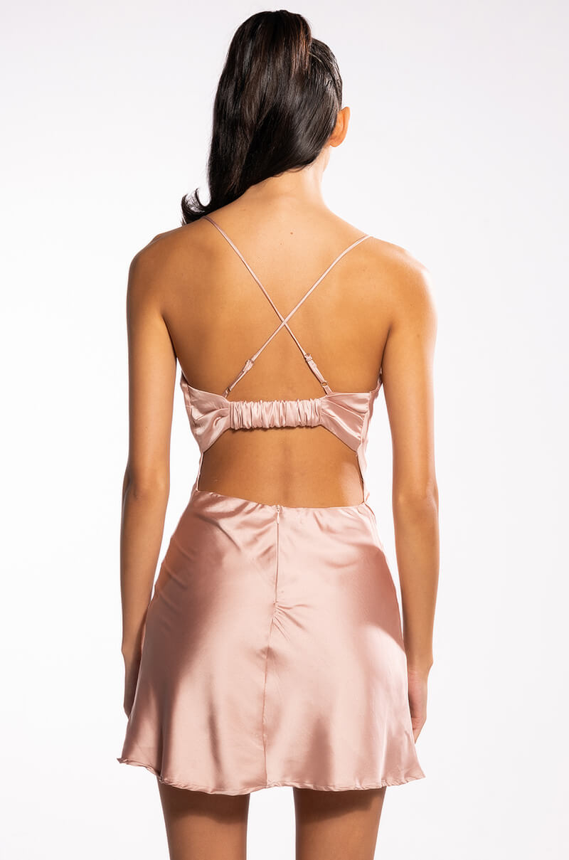 TINY DANCER SLEEVELESS SATIN COWL NECK MINI DRESS