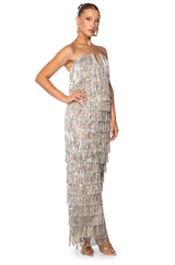 TOP OF THE WORLD STRAPLESS SEQUIN FRINGE MAXI DRESS IN SILVER MULTI