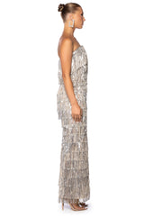 TOP OF THE WORLD STRAPLESS SEQUIN FRINGE MAXI DRESS IN SILVER MULTI