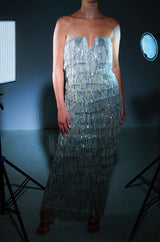 TOP OF THE WORLD STRAPLESS SEQUIN FRINGE MAXI DRESS IN SILVER MULTI