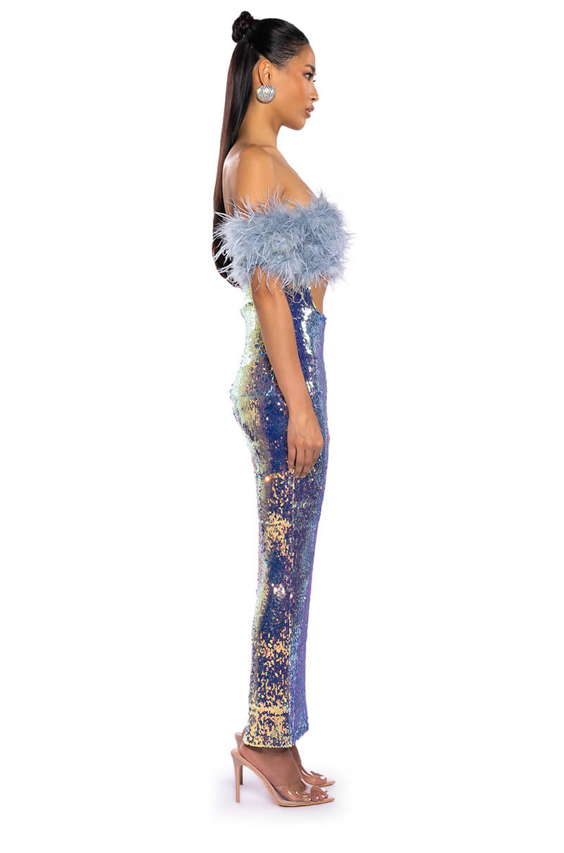 TOP TIER FEATHER DETAIL SEQUIN MAXI DRESS