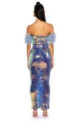 TOP TIER FEATHER DETAIL SEQUIN MAXI DRESS