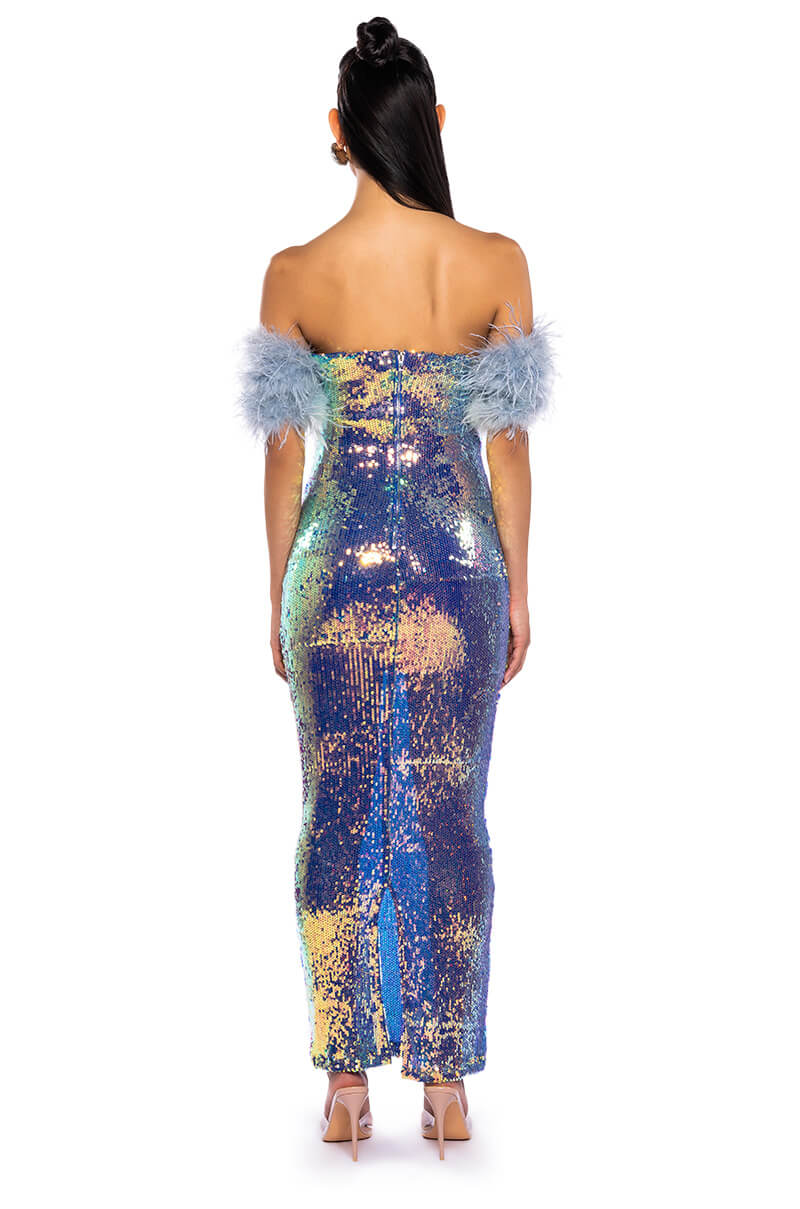 TOP TIER FEATHER DETAIL SEQUIN MAXI DRESS