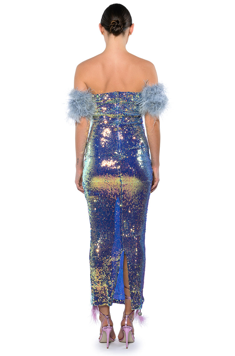 TOP TIER FEATHER DETAIL SEQUIN MAXI DRESS