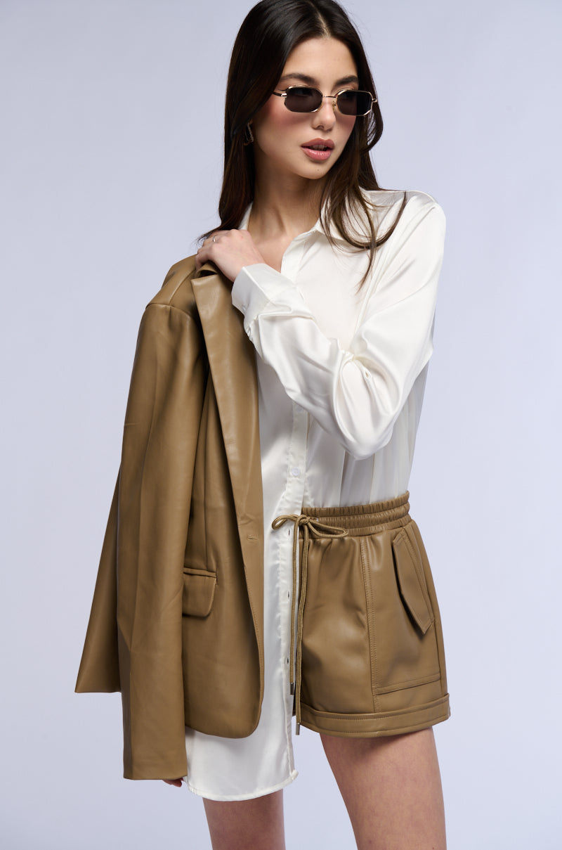 TRES CHIC FAUX LEATHER DRAWSTRING SHORT