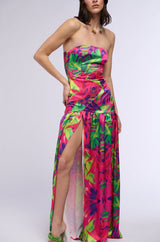 TROPICAL GETAWAY SATIN PRINTED MAXI DRESS