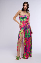 TROPICAL GETAWAY SATIN PRINTED MAXI DRESS