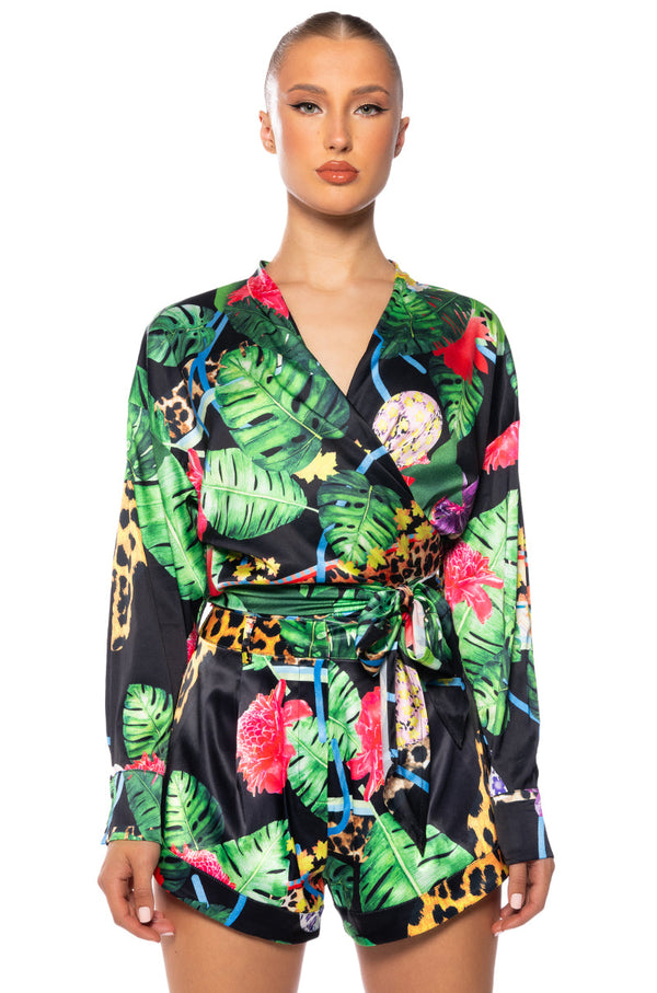 TROPICAL MOOD LONG SLEEVE SATIN TIE BLOUSE