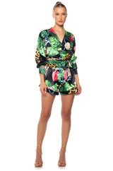 TROPICAL MOOD LONG SLEEVE SATIN TIE BLOUSE