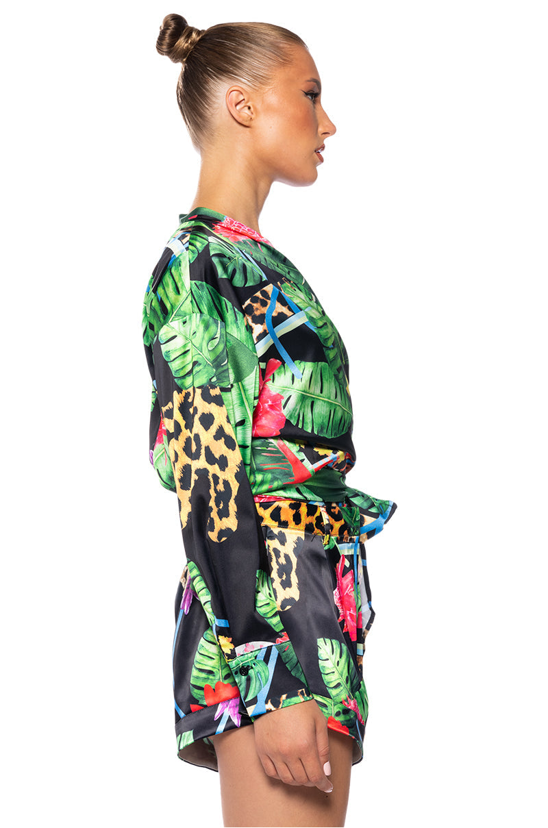TROPICAL MOOD LONG SLEEVE SATIN TIE BLOUSE