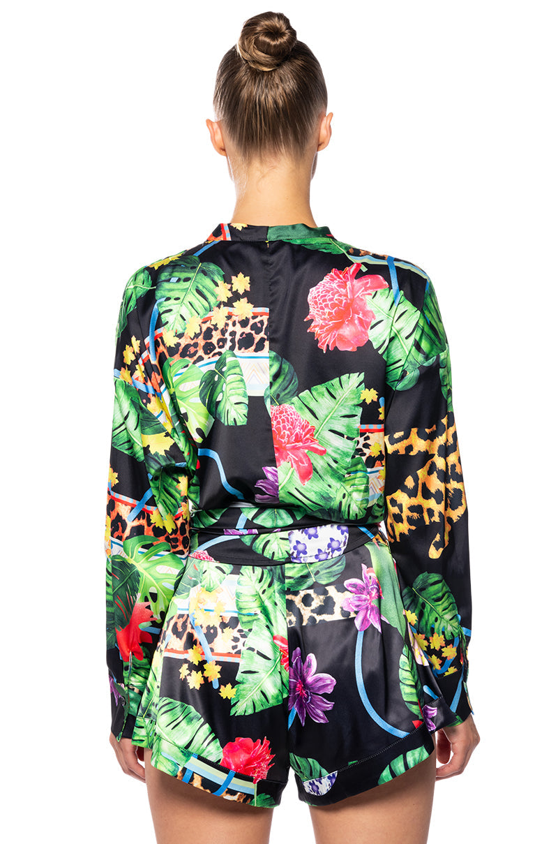 TROPICAL MOOD LONG SLEEVE SATIN TIE BLOUSE
