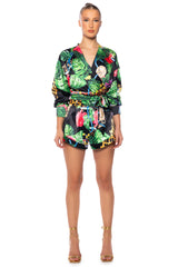 TROPICAL MOOD LONG SLEEVE SATIN TIE BLOUSE