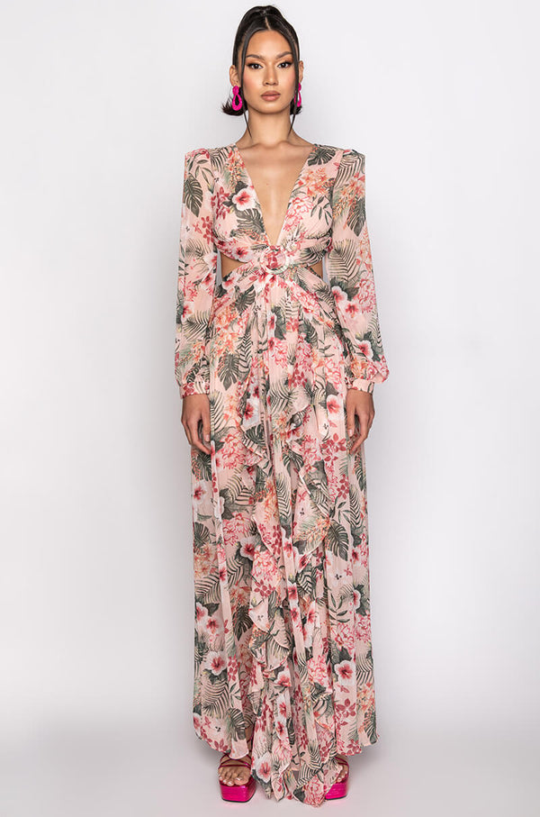 TROPICAL PRINT CUTOUT MAXI DRESS
