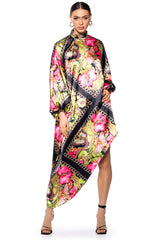 TROPICAL VACATION PRINT SATIN MAXI DRESS IN GREEN MULTI
