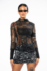 TRUST ISSUES LONG SLEEVE MOCK NECK PATCHWORK TOP