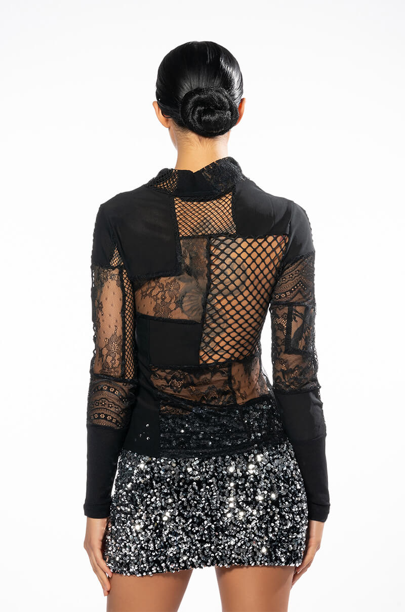 TRUST ISSUES LONG SLEEVE MOCK NECK PATCHWORK TOP