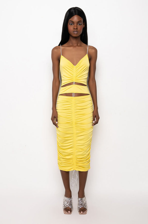 TRY ME ADJUSTABLE LENGTH MIDI RUCHED DRESS