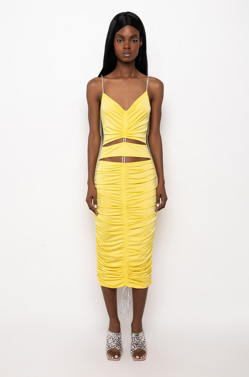 TRY ME ADJUSTABLE LENGTH MIDI RUCHED DRESS