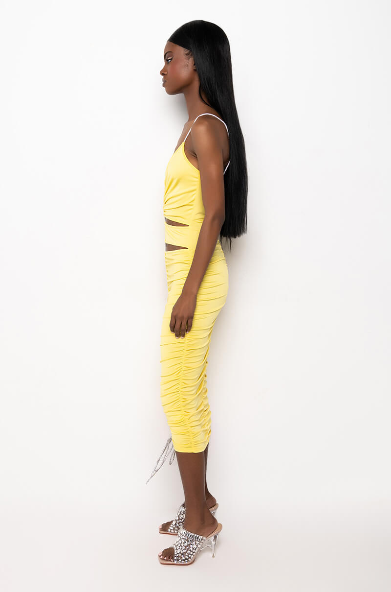 TRY ME ADJUSTABLE LENGTH MIDI RUCHED DRESS