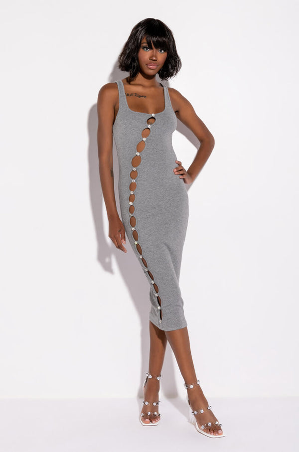 TULUM CUT OUT RHINESTONE RIBBED MIDI DRESS
