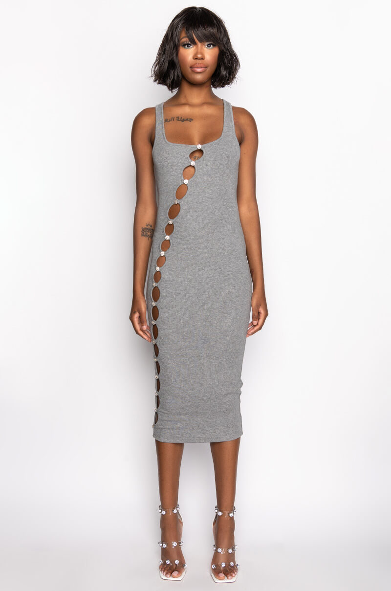TULUM CUT OUT RHINESTONE RIBBED MIDI DRESS