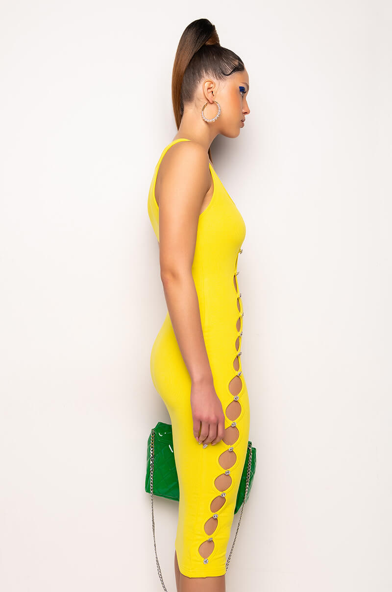 TULUM CUT OUT RHINESTONE RIBBED MIDI DRESS