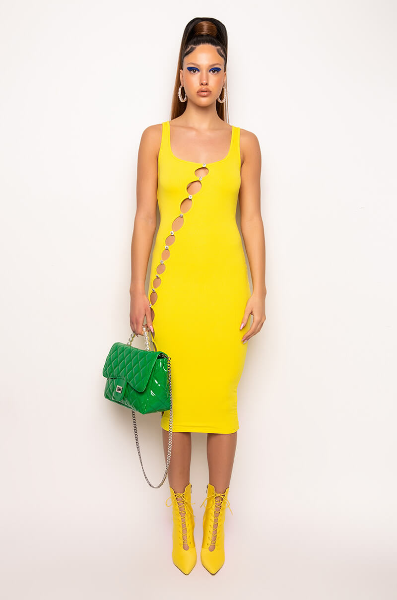 TULUM CUT OUT RHINESTONE RIBBED MIDI DRESS