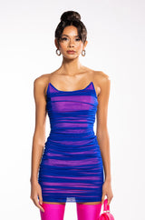 TURN ME UP RUCHED MESH MINI DRESS