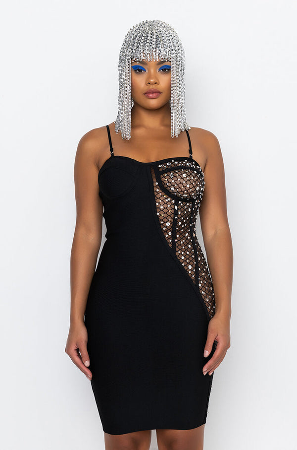 TWO FACE BANDAGE MINI DRESS WITH MESH DETAIL