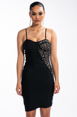 TWO FACE BANDAGE MINI DRESS WITH MESH DETAIL