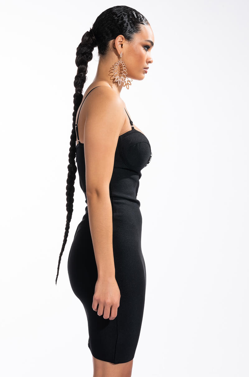 TWO FACE BANDAGE MINI DRESS WITH MESH DETAIL