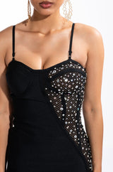 TWO FACE BANDAGE MINI DRESS WITH MESH DETAIL