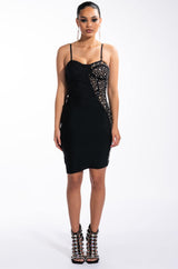 TWO FACE BANDAGE MINI DRESS WITH MESH DETAIL