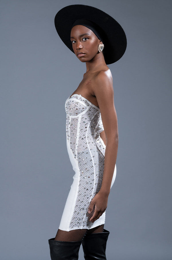 TWO FACE BANDAGE MINI DRESS WITH MESH DETAIL