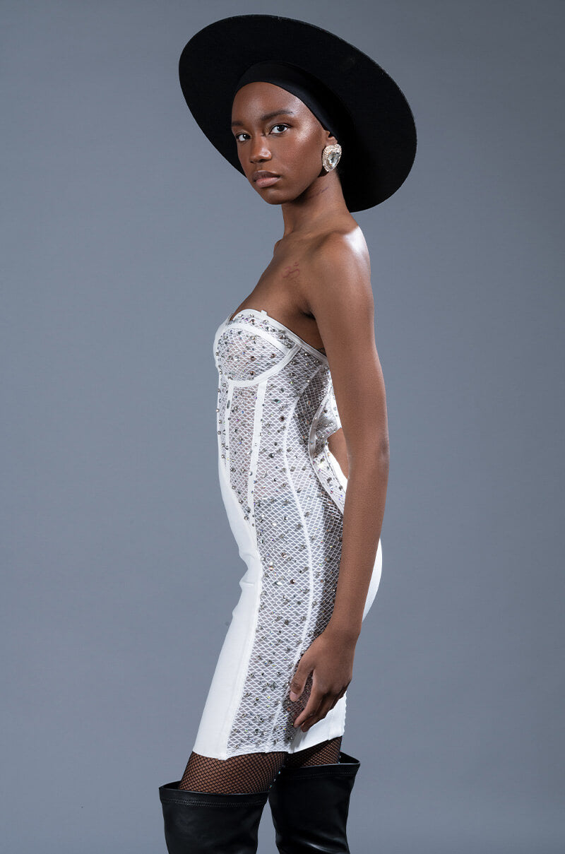 TWO FACE BANDAGE MINI DRESS WITH MESH DETAIL