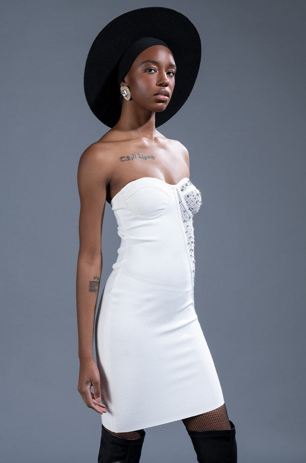 TWO FACE BANDAGE MINI DRESS WITH MESH DETAIL