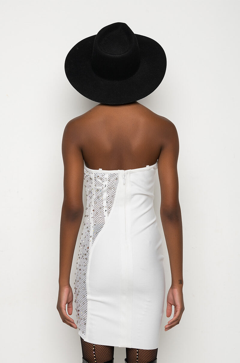 TWO FACE BANDAGE MINI DRESS WITH MESH DETAIL