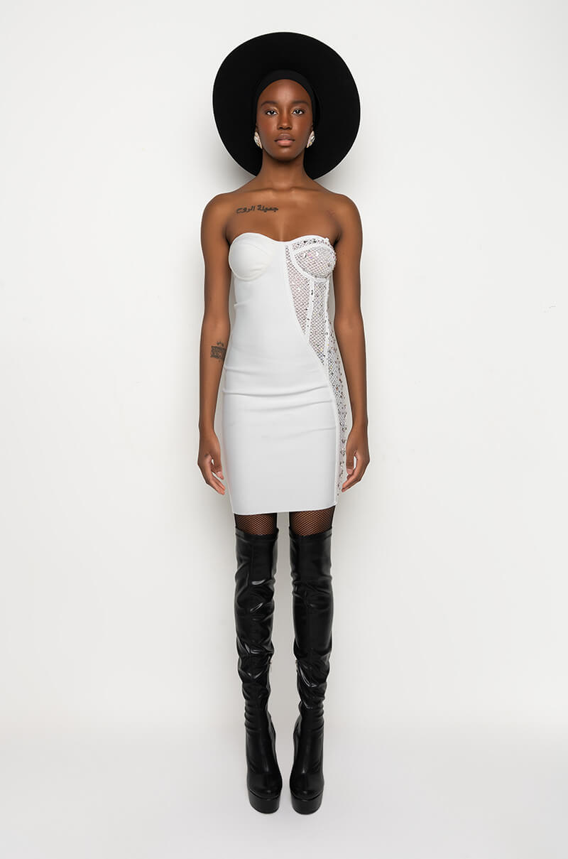 TWO FACE BANDAGE MINI DRESS WITH MESH DETAIL