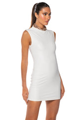 ULTRA LUXE FAUX LEATHER MOCK NECK MINI DRESS IN WHITE