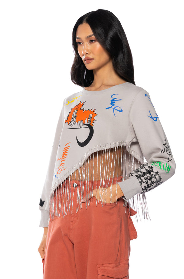 ULTRACHIC EMBELLISHED RHINESTONE FRINGE SWEATSHIRT