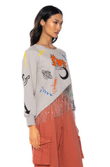 ULTRACHIC EMBELLISHED RHINESTONE FRINGE SWEATSHIRT