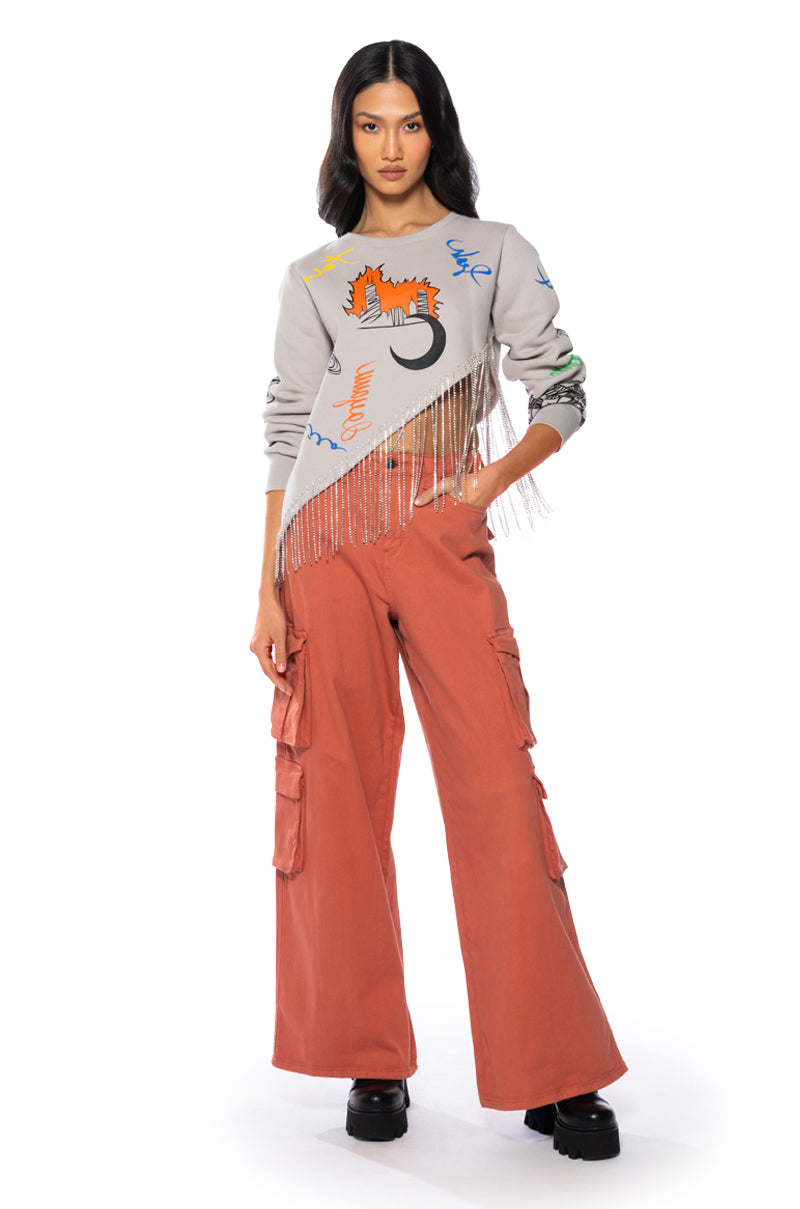 ULTRACHIC EMBELLISHED RHINESTONE FRINGE SWEATSHIRT