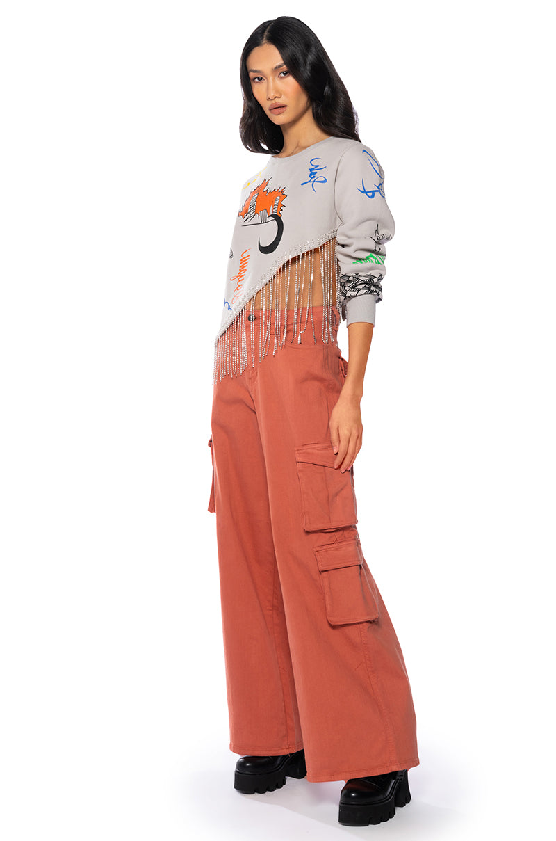 ULTRACHIC EMBELLISHED RHINESTONE FRINGE SWEATSHIRT